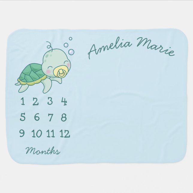 Cute Sea Turtle Baby Shower Kawaii Milestone Baby Blanket (Horizontal)