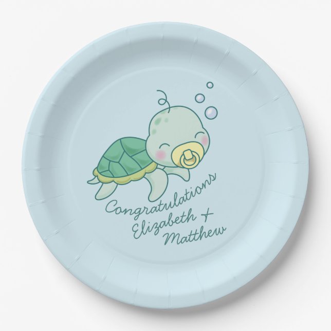 Cute Sea Turtle Baby Shower Kawaii Paper Plates (Front)