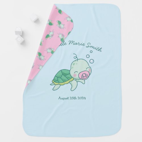 Cute Sea Turtle Baby Shower Kawaii Pink Girl Baby Blanket