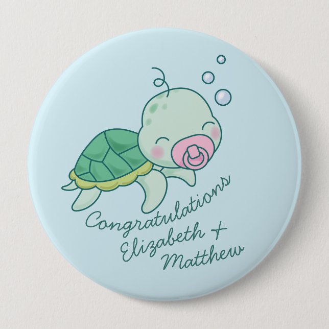 Cute Sea Turtle Baby Shower Kawaii Pink Girl Button (Front)