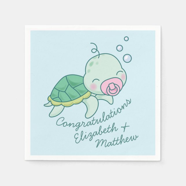 Cute Sea Turtle Baby Shower Kawaii Pink Girl Napkins (Front)
