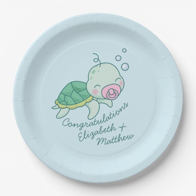 Cute Sea Turtle Baby Shower Kawaii Pink Girl Paper Plates (Front)