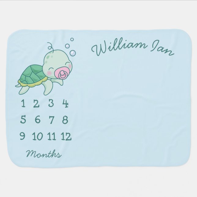 Cute Sea Turtle Baby Shower Kawaii Pink Milestone Baby Blanket (Horizontal)