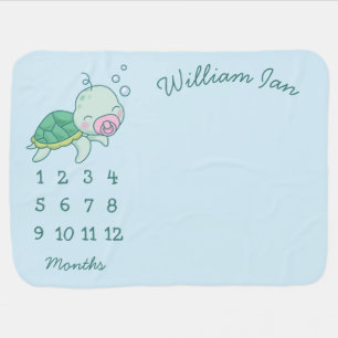 Cute Sea Turtle Baby Shower Kawaii Pink Milestone Blanket