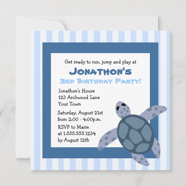 Cute Sea Turtle Birthday Party Invite - Blue (Front)