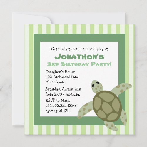 Cute Sea Turtle Birthday Party Invite - Green