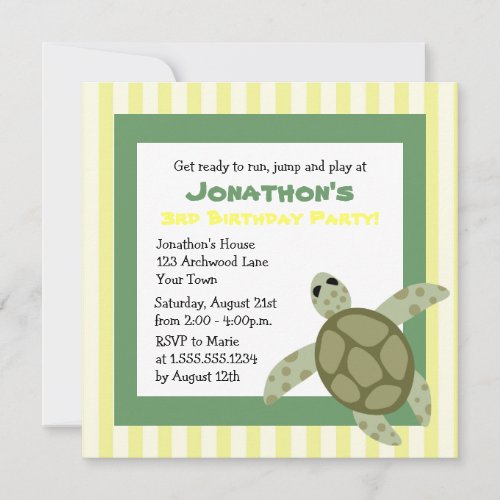 Cute Sea Turtle Birthday Party Invite Green Yellow