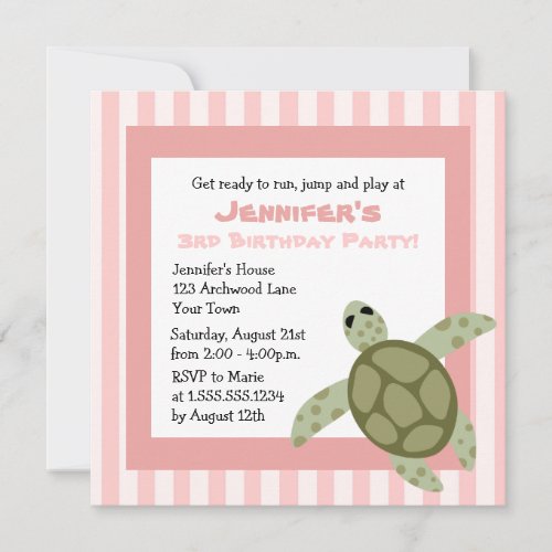 Cute Sea Turtle Birthday Party Invite Pink
