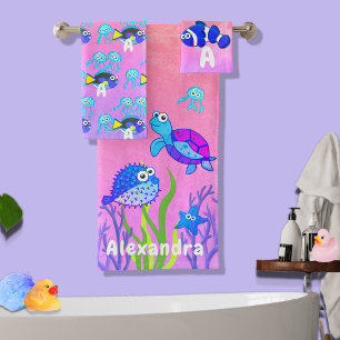 Cute Sea Turtle Blue Watercolor Fish Kid's Child   Bath Towel Set