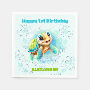 Cute Sea Turtle Boy 1st Birthday Napkins