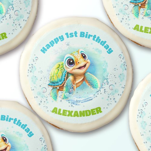 Cute Sea Turtle Boy 1st Birthday Sugar Cookie