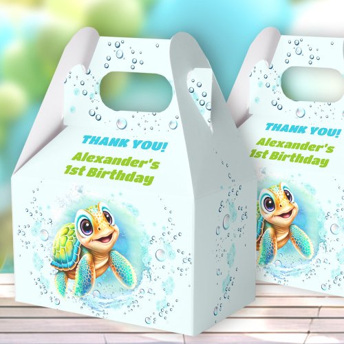 Cute Sea Turtle Boy Pool Party 1st Birthday Favor Boxes