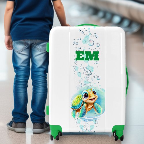 Cute Sea Turtle Boy Summer Vacation Monogram Luggage