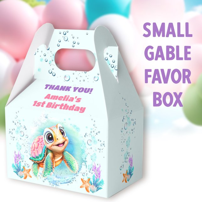 Cute Sea Turtle Colorful 1st Birthday Favor Box (Cute Turtle Small Gable Favor Boxes - You can choose from 3 sizes of these gable favor boxes)