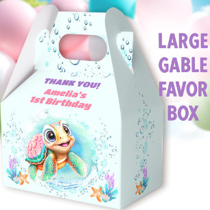 Cute Sea Turtle Colorful 1st Birthday Large Gable Favor Boxes