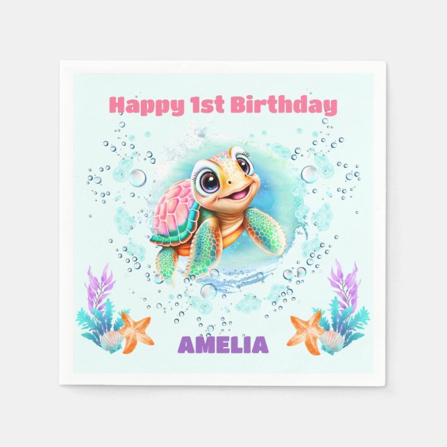 Cute Sea Turtle Colorful 1st Birthday Napkins (Front)