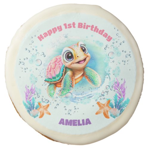 Cute Sea Turtle Colorful 1st Birthday Sugar Cookie