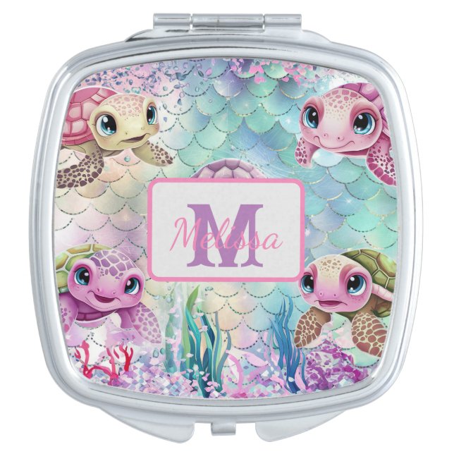 Cute Sea Turtle Colorful Monogram Name  Compact Mirror (Front)
