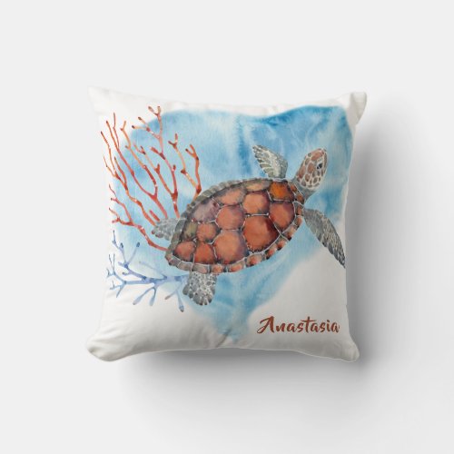 Cute Sea Turtle Corals With Name Throw Pillow