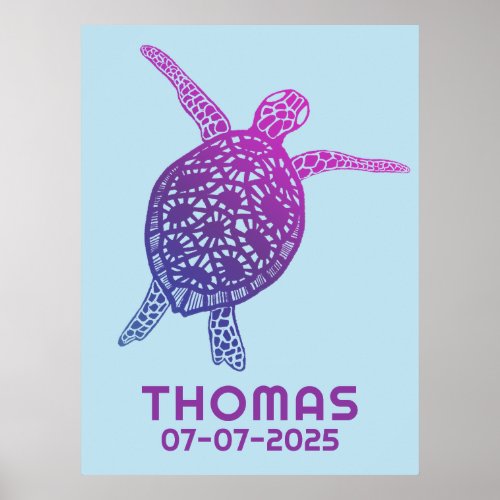 Cute Sea Turtle CUSTOM BABY NAME BIRTHDAY Art Poster