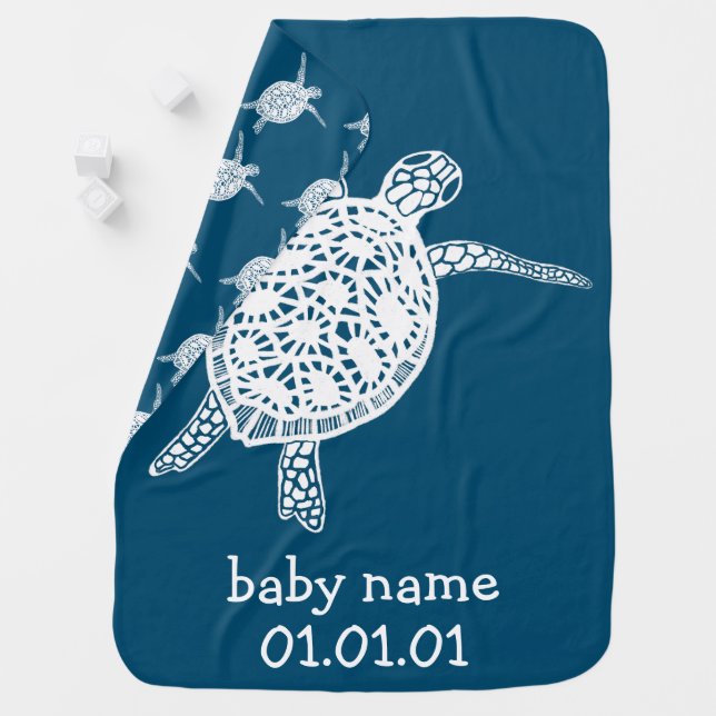 Cute Sea Turtle CUSTOMIZABLE Baby Name Birthday Blanket (In Situ)