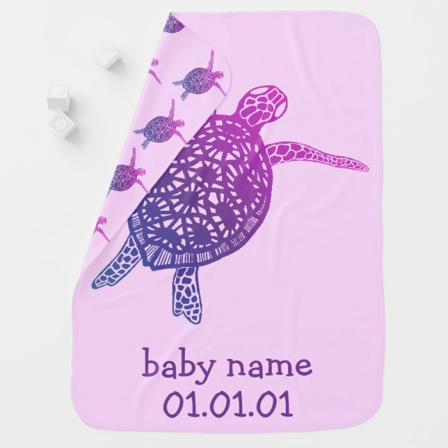 Cute Sea Turtle CUSTOMIZABLE Baby Name Birthday Blanket (In Situ)