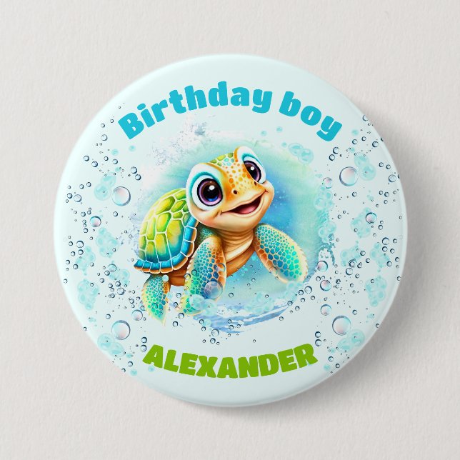 Cute Sea Turtle for Boy's Birthday Button (Front)