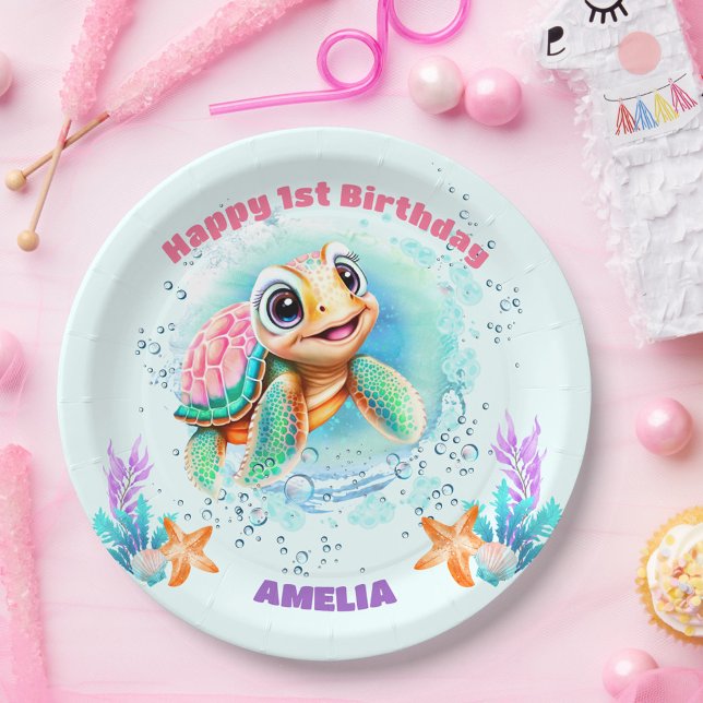 Cute Sea Turtle for Girl's First Birthday Paper Plates (Creator Uploaded)