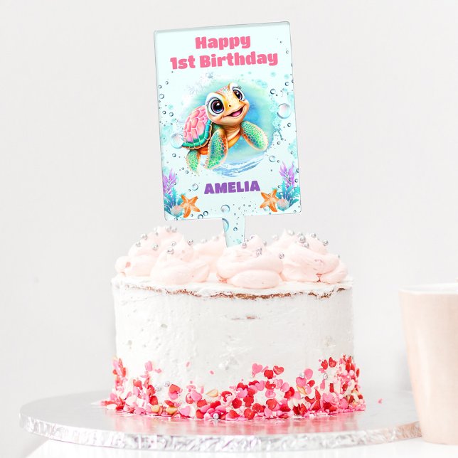 Cute Sea Turtle Girl First Birthday Cake Topper (Cute Sea Turtle colorful and happy cake topper for girl's 1st and any other Birthday)