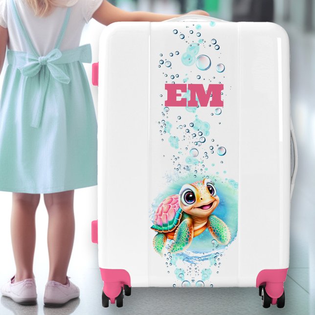Cute Sea Turtle Girl Summer Vacation Monogram Luggage (Cute Sea Turtle Girl Summer Vacation Monogram Luggage)