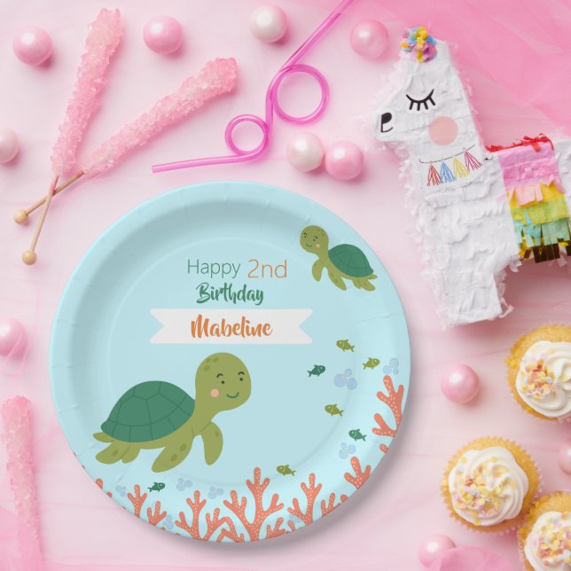 Cute Sea Turtle & Green Fish Birthday Party  Paper Plates (Party)