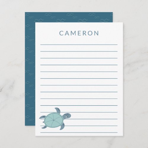 Cute Sea Turtle in Blue Personalized Kids Lined   Note Card