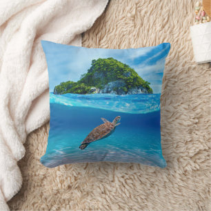 Cute Sea Turtle in front of a Tropical Island Throw Pillow