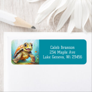 Cute Sea Turtle in the Ocean Cartoon Label