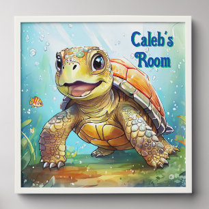 Cute Sea Turtle in the Ocean Cartoon Personalized Peel And Stick Photo Tile