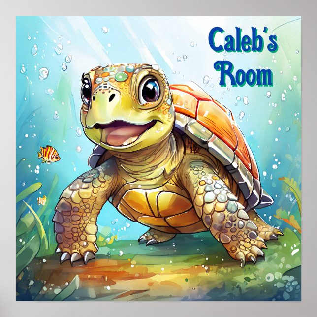 Cute Sea Turtle in the Ocean Cartoon Personalized Poster (Front)