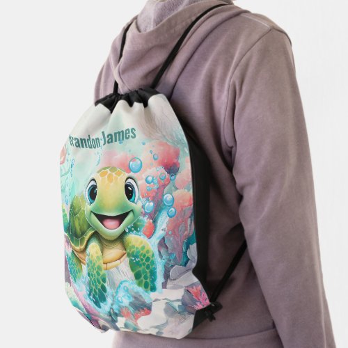 cute sea turtle lovers add name drawstring bag