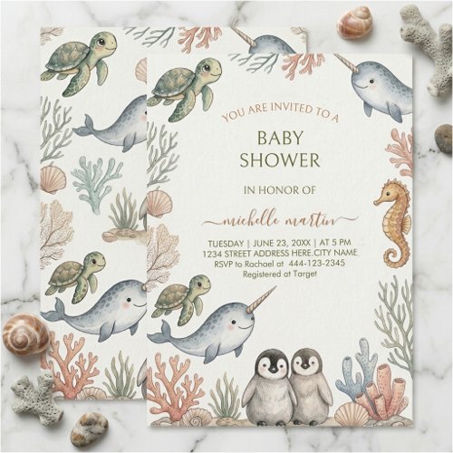 Cute Sea Turtle Narwhal Penguin Ocean Baby Shower  Invitation