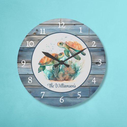 Cute Sea Turtle Nautical Blue Wood Grain Analog Large Clock