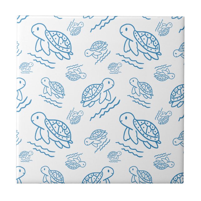 Cute Sea Turtle Nautical Doodle Pattern Ceramic Tile (Front)