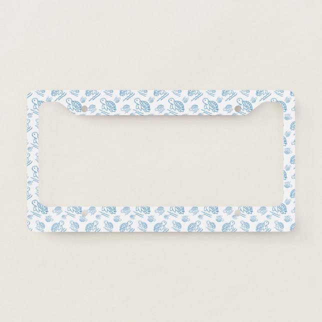 Cute Sea Turtle Nautical Doodle Pattern License Plate Frame (Front)