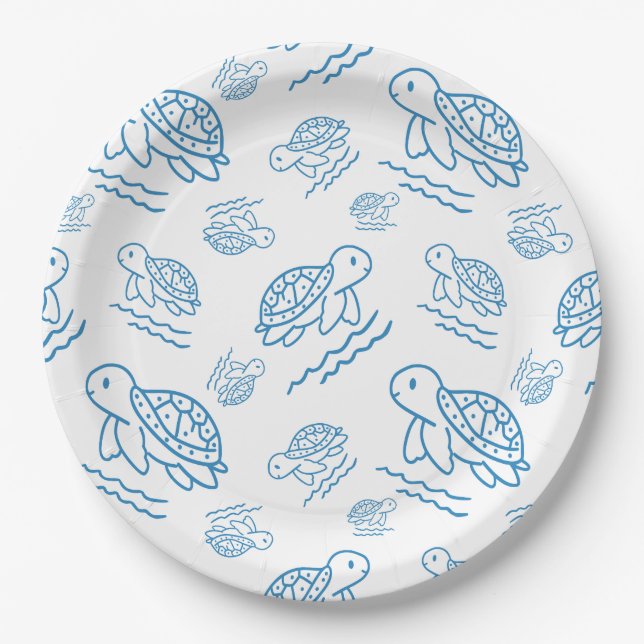Cute Sea Turtle Nautical Doodle Pattern Paper Plates (Front)