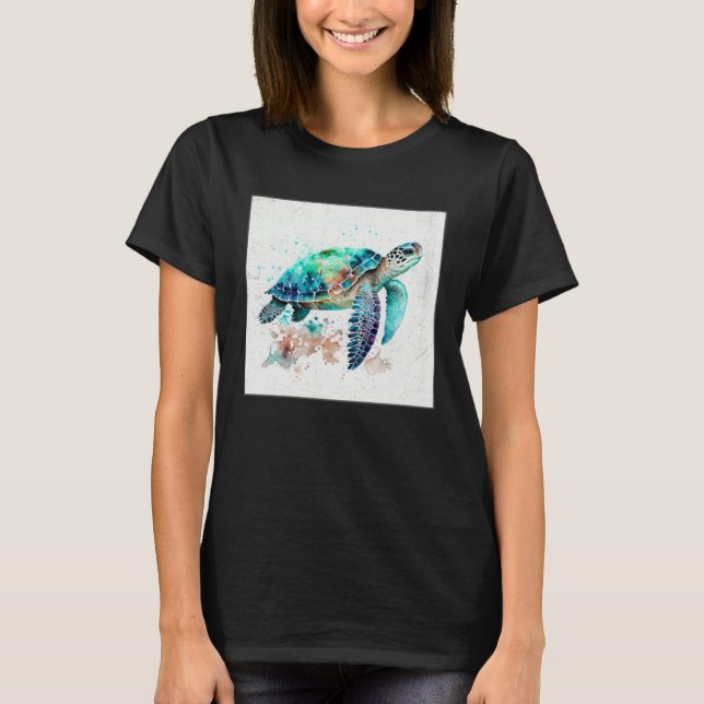 Cute Sea Turtle Paint Splatter Illustration Colorf T-Shirt (Front)
