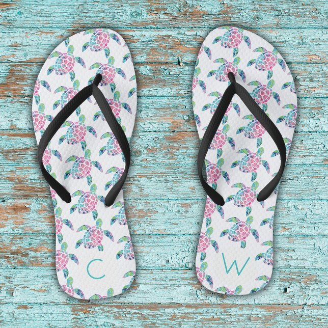 Cute Sea Turtle Pattern Monogrammed Beach Cruise Flip Flops (Creator Uploaded)