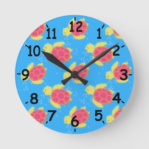 Cute Sea Turtle Pattern With Numbers Round Clock