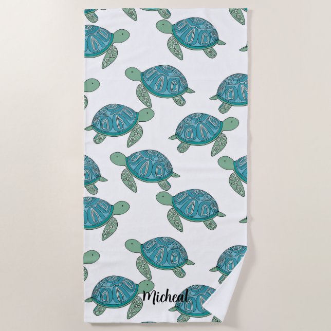 Cute Sea Turtle Personalized Beach Towel (Front)