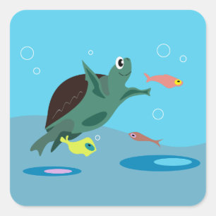 Cute Sea Turtle Under the Sea Art Square Sticker