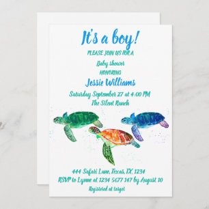 Cute Sea Turtle Under the sea Ocean Blue Baby Boy Invitation