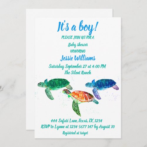 Cute Sea Turtle Under the sea Ocean Blue Baby Boy  Invitation