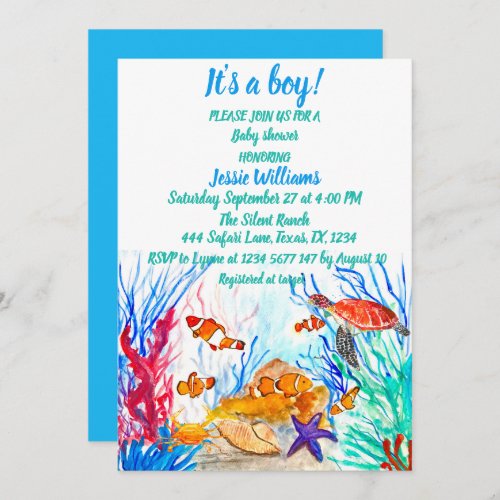 Cute Sea Turtle Under the sea Ocean Blue Baby Boy Invitation